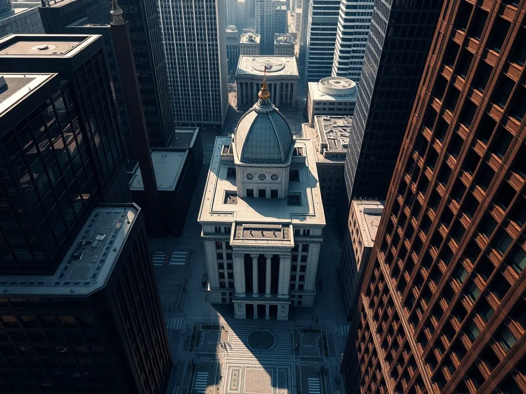 A high-angle architectural photo of a modern government fina