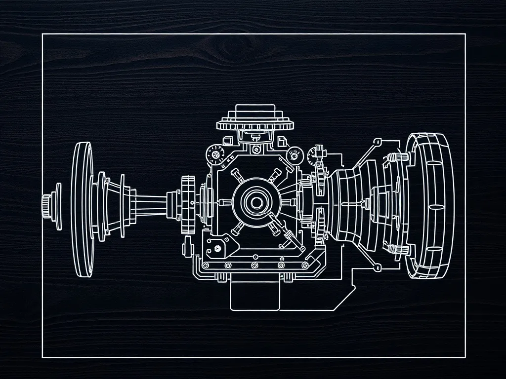 A minimalist technical blueprint of an engine or complex mec