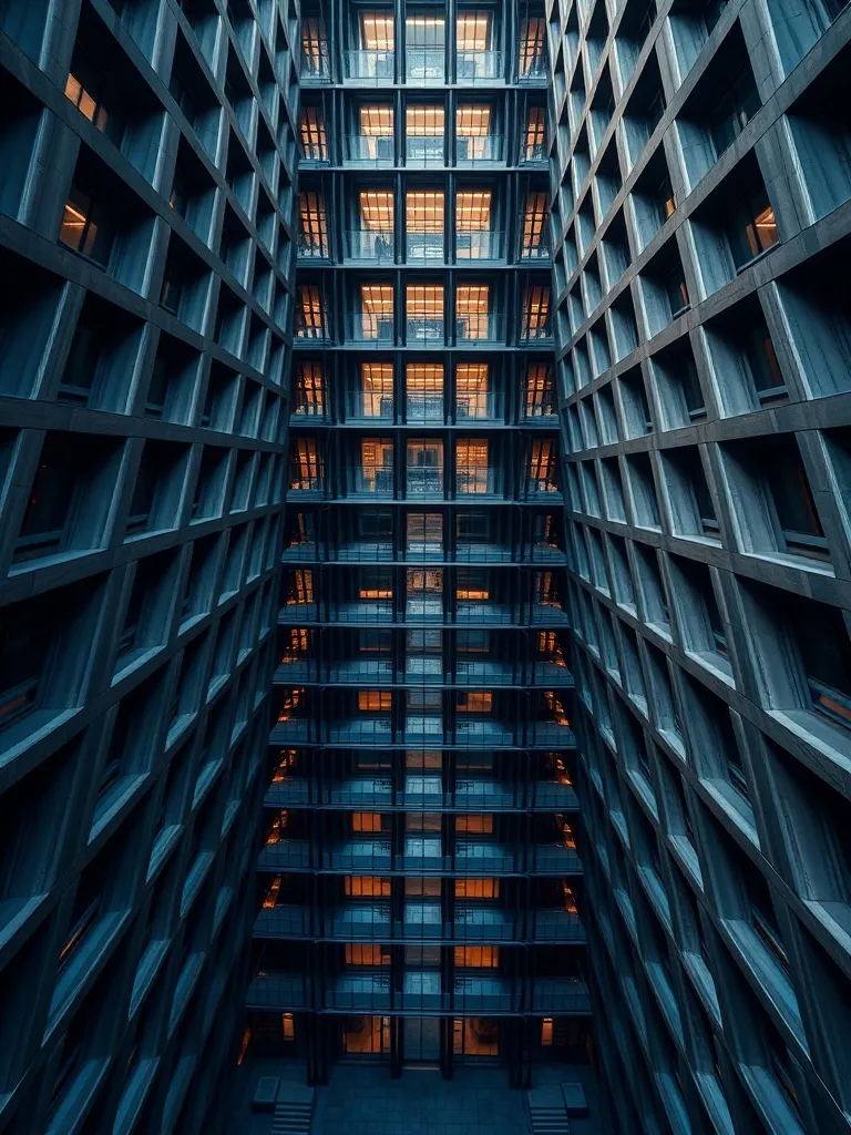 A high-angle architectural shot of a complex modern building