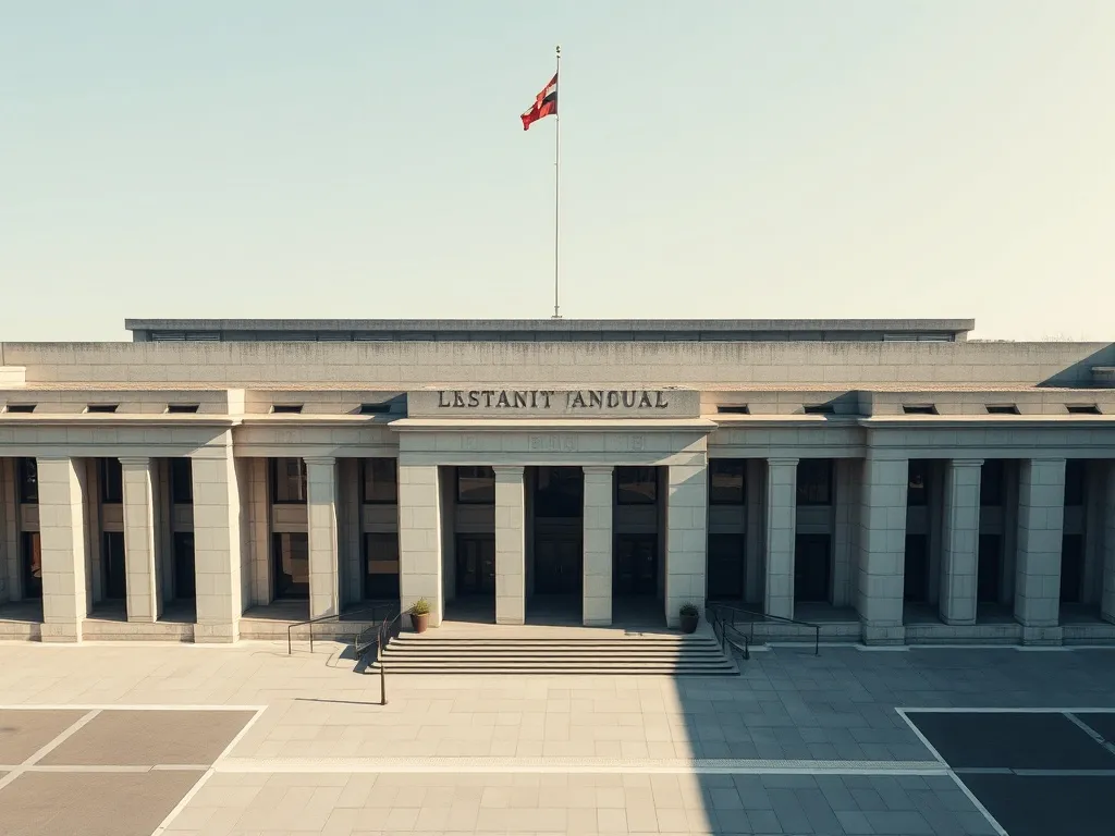 A high-angle architectural shot of a minimalist concrete gov