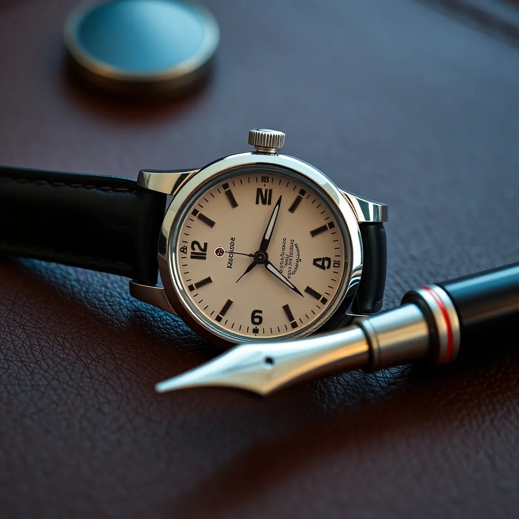 A close up of a luxury watch and a fountain pen on a leather