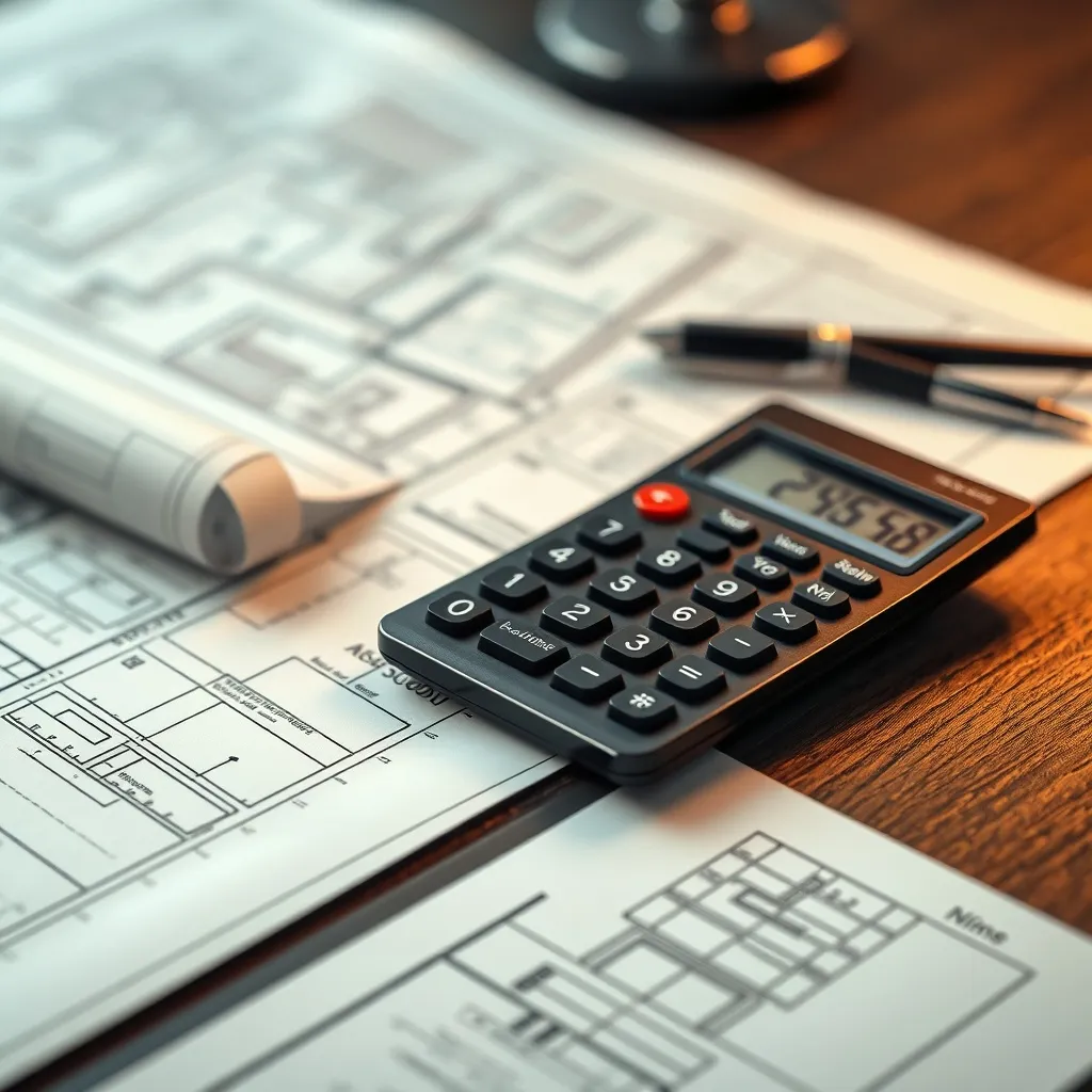 A macro photograph of architectural blueprints and a profess